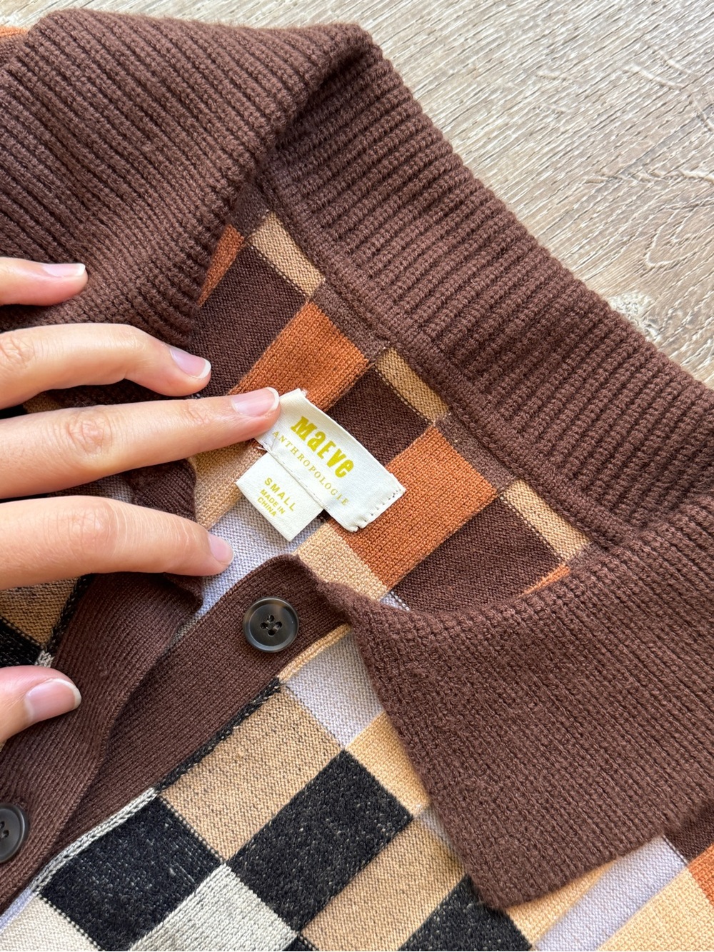 Maeve Brown, Camel & Black Checked Button-Front Knit Top - Picture 2 of 5